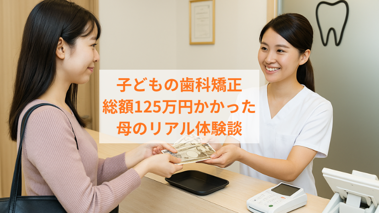歯科の受付で女性が現金を支払っている写真。画像中央には「子どもの歯科矯正 総額125万円かかった母のリアル体験談」と書かれている。