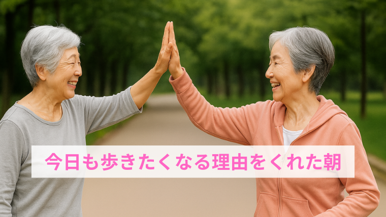 朝の公園で散歩中に笑顔でハイタッチを交わす二人の年配女性。元気と温かさを感じさせる光景。