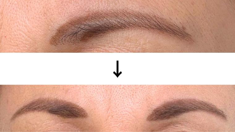 50代女性の眉毛メイクのビフォーアフター。上は薄く不揃いな眉毛、下は自然に整ったアイブローメイクで若々しい印象に。