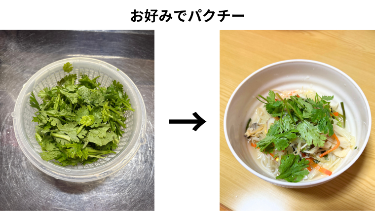 仕上げにパクチーを添えたライスヌードルスープの盛り付け